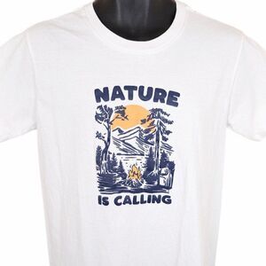 Camping T Shirt Mens Size Medium White Nature Is Calling Campfire Outdoors